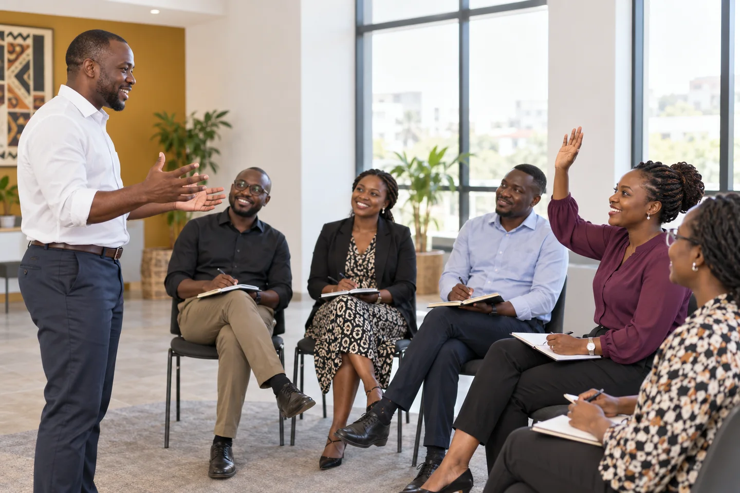 Illustrative interactive leadership workshop with a facilitator and participants