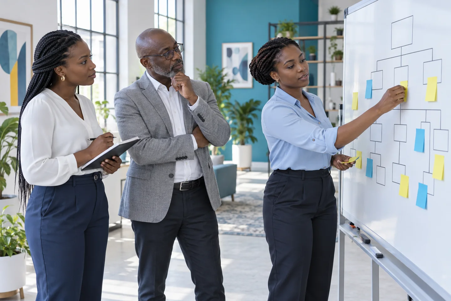 Illustrative consultants planning an organizational structure on a whiteboard